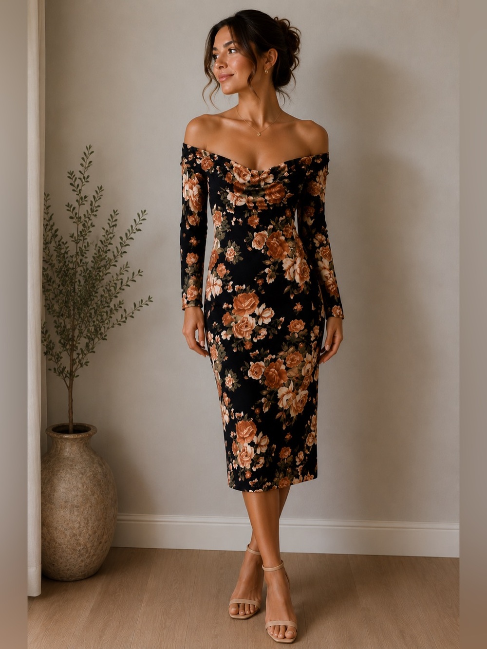 hello miss Black Floral Long Sleeve Midi Dress